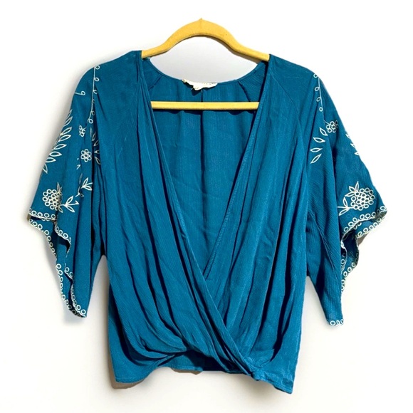 Lovestitch Teal Blue Embroidered Rayon Draped Wrap-Style Blouse - Small - Picture 1 of 6